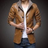 Mens Leather Plush Warm Mid Long Jacket 1