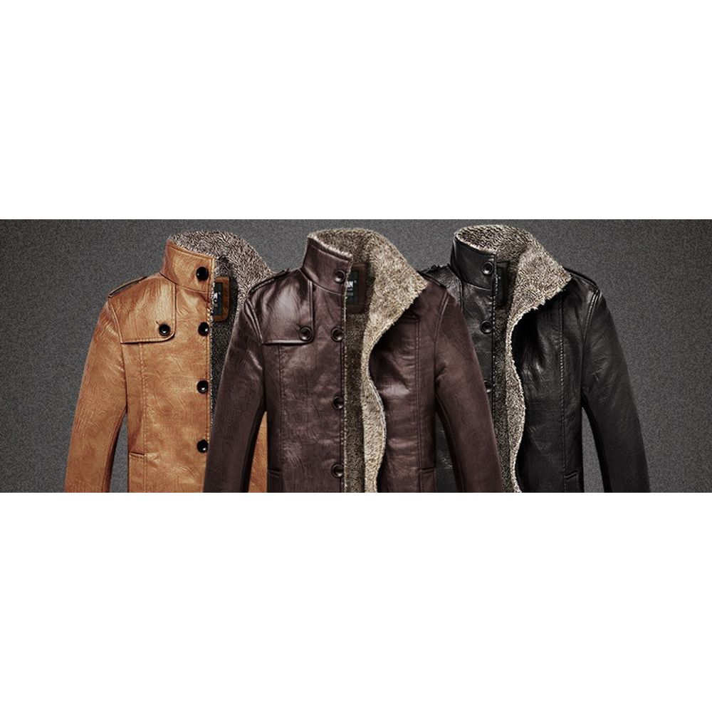 Mens Leather Plush Warm Mid Long Jacket 3