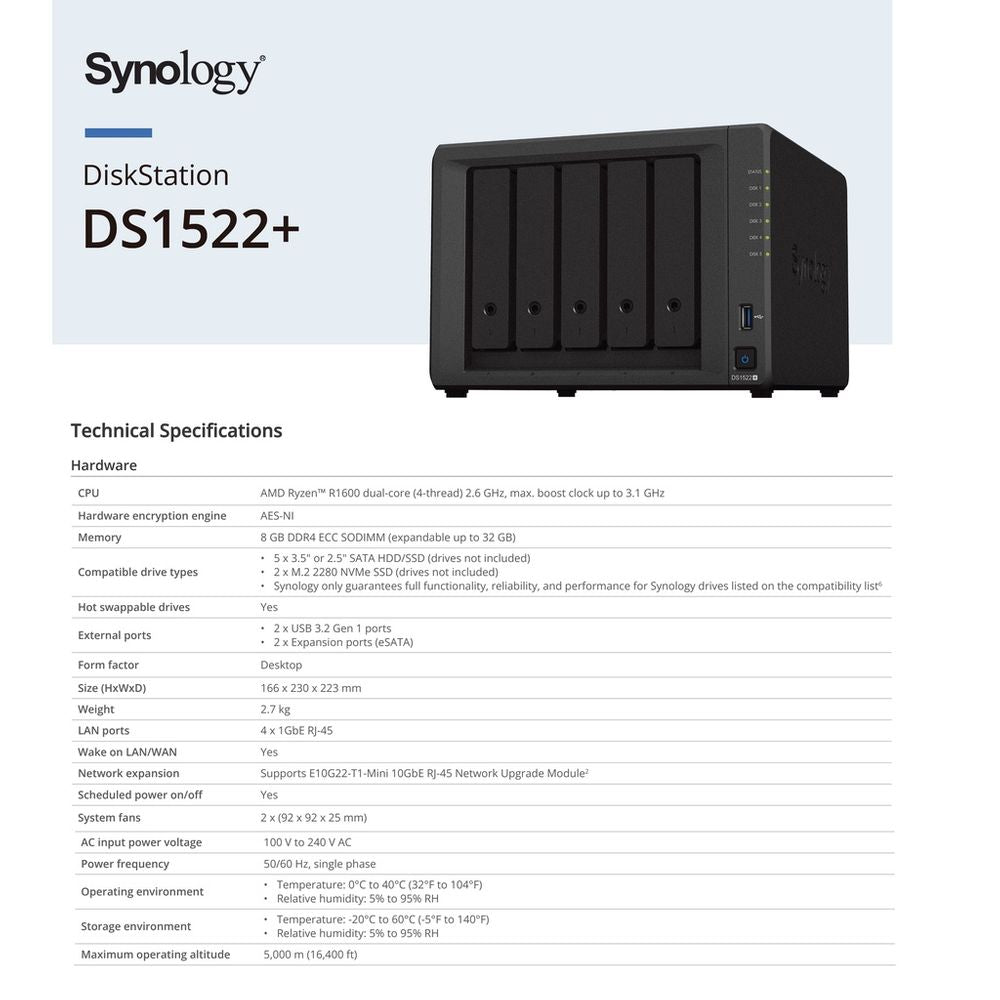 Synology DS1522+ 20TB 5-bay NAS Network Storage Server 6